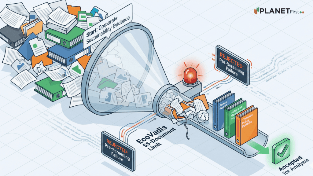 A diagram shows how various documents can be combined to meet the EcoVadis 55-document limit