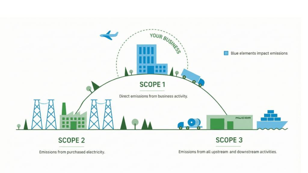 Infographic explaining Scope 1, Scope 2, and Scope 3 greenhouse gas emissions for business GHG reporting in the UAE