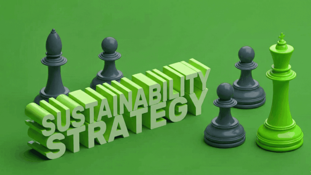 3D illustration of the "Sustainability Strategy" text with green and grey chess pieces representing environmental leadership in UAE