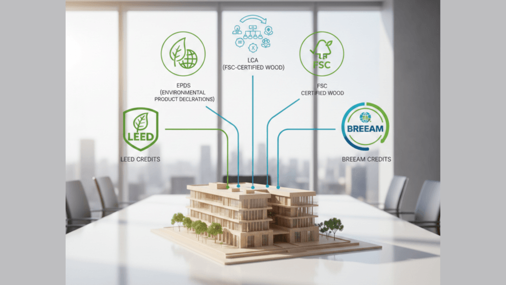 Sustainable construction site featuring FSC certified timber structure with engineers reviewing EPD and LCA data for LEED and BREEAM certification
