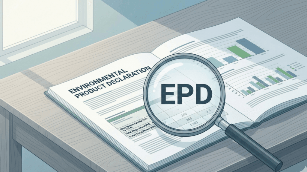Illustration showing how to read an Environmental Product Declaration (EPD) report using a magnifying glass to examine EPD data tables.