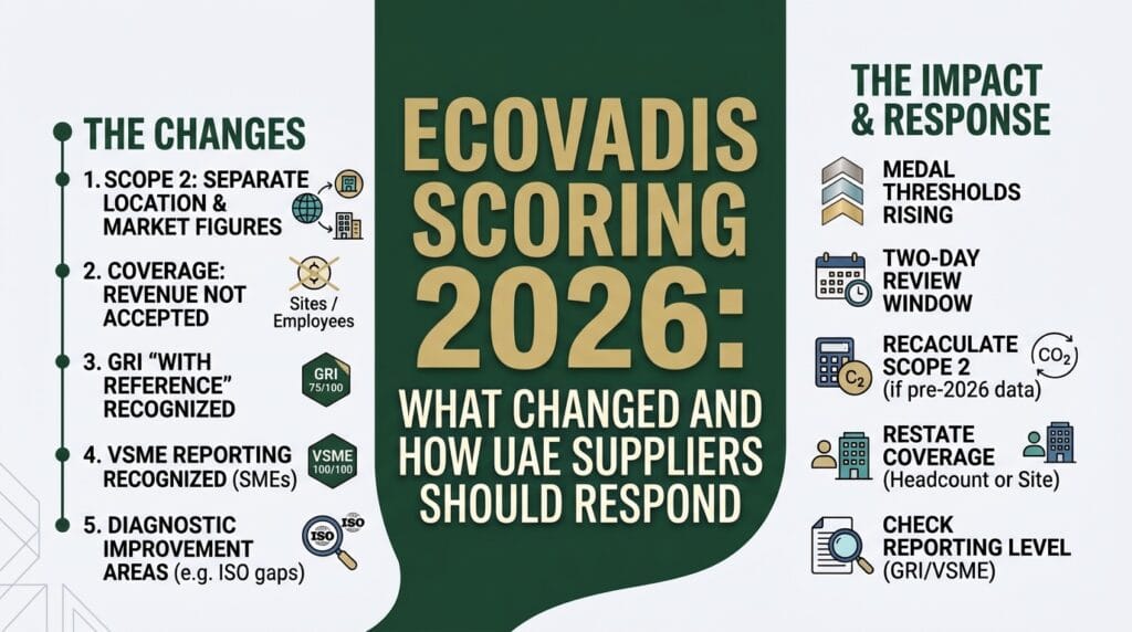 "Illustration of an EcoVadis-style sustainability scorecard dashboard showing Policies, Actions, Results and 360° Watch panels, with the Scope 2 emissions metric highlighted to reflect 2026 methodology changes