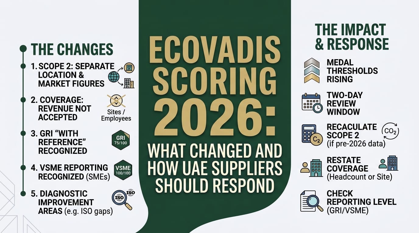 "Illustration of an EcoVadis-style sustainability scorecard dashboard showing Policies, Actions, Results and 360° Watch panels, with the Scope 2 emissions metric highlighted to reflect 2026 methodology changes